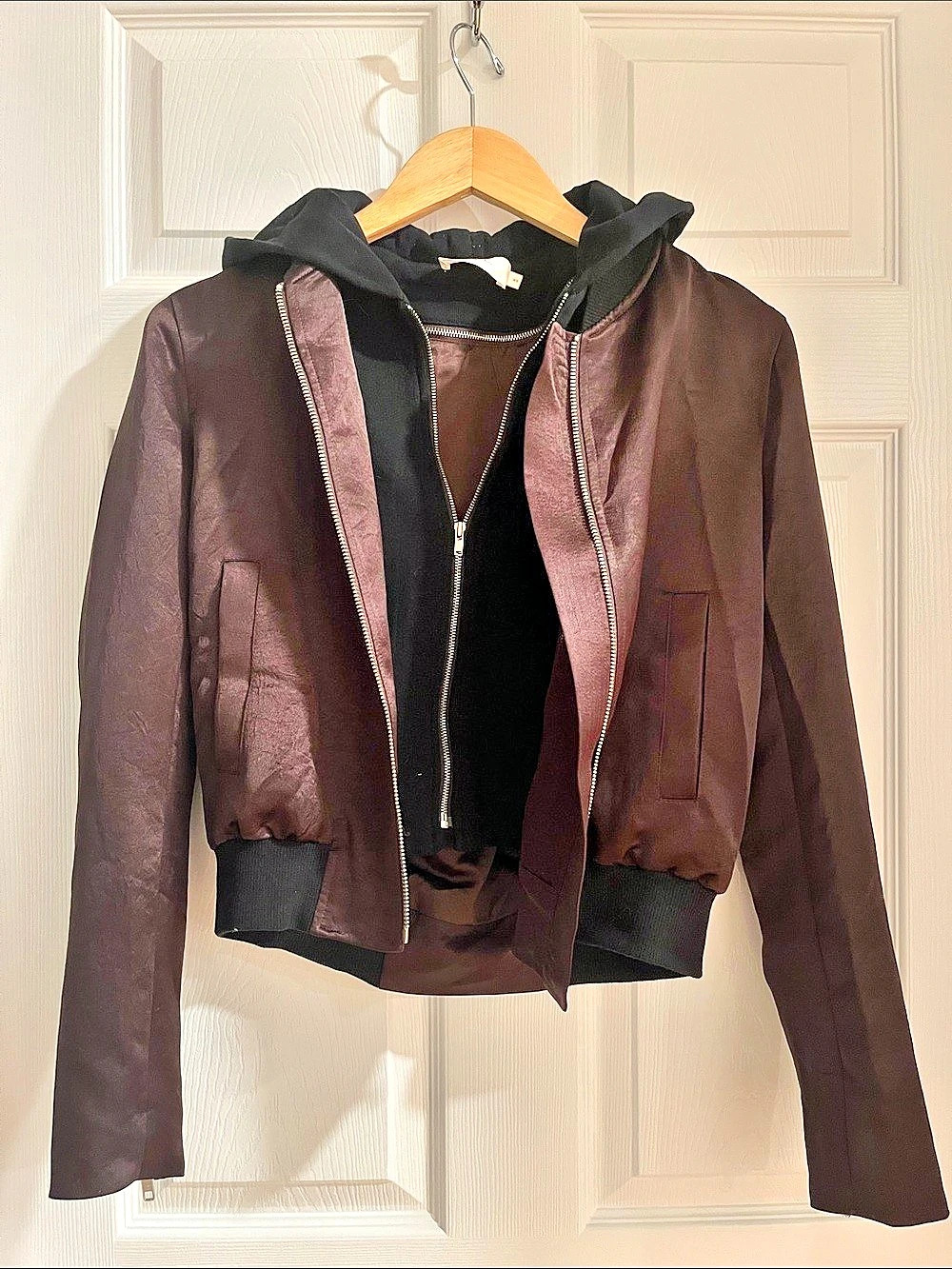A.L.C. Edison Bomber Jacket. Leather Hooded Brown & Black XS